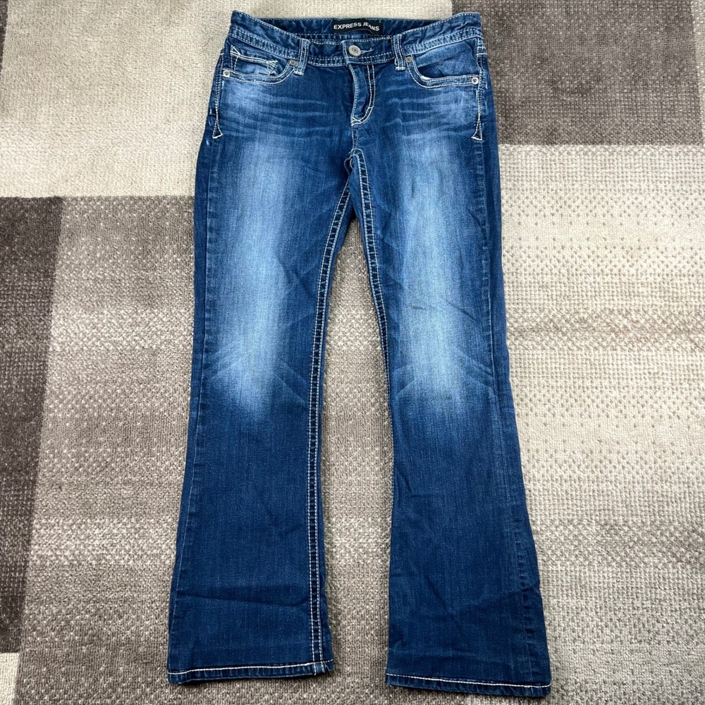 Express Jeans Stella Low Rise Bootcut Dark Wash Denim 6R Whiskering Boho